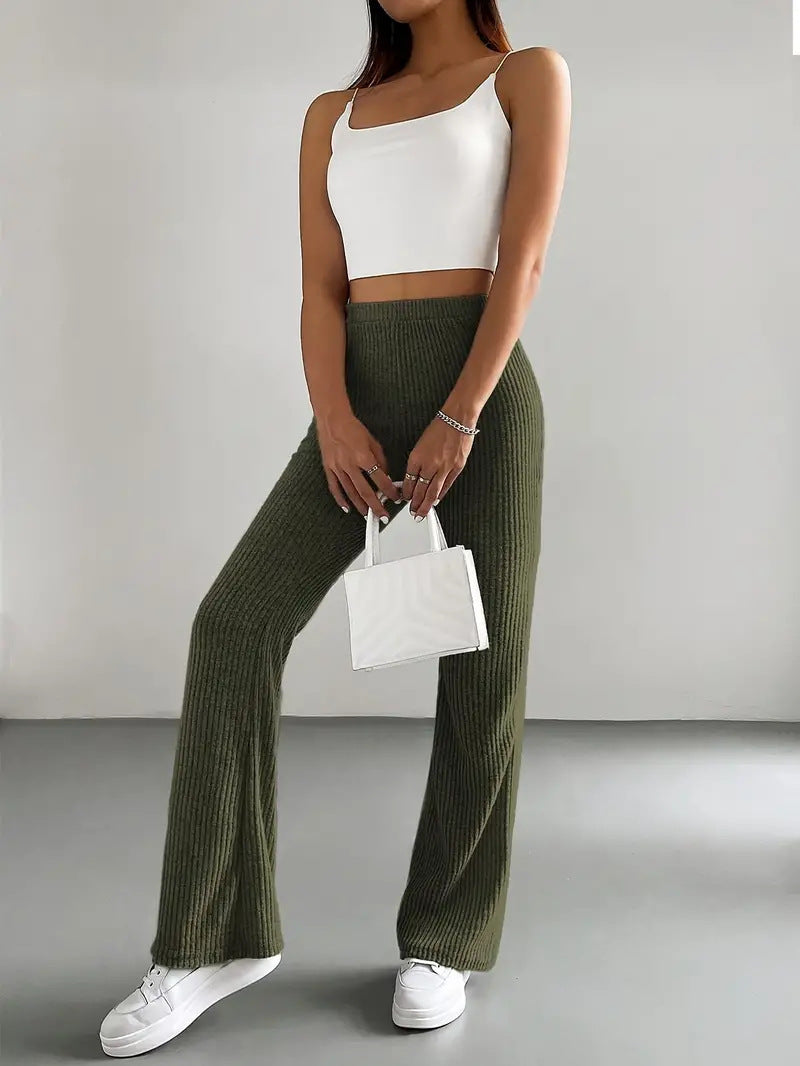Flared Pants Women's Solid Color Casual Pants Ribbed Knit Fashionable Versatile Slim Fit Trousers