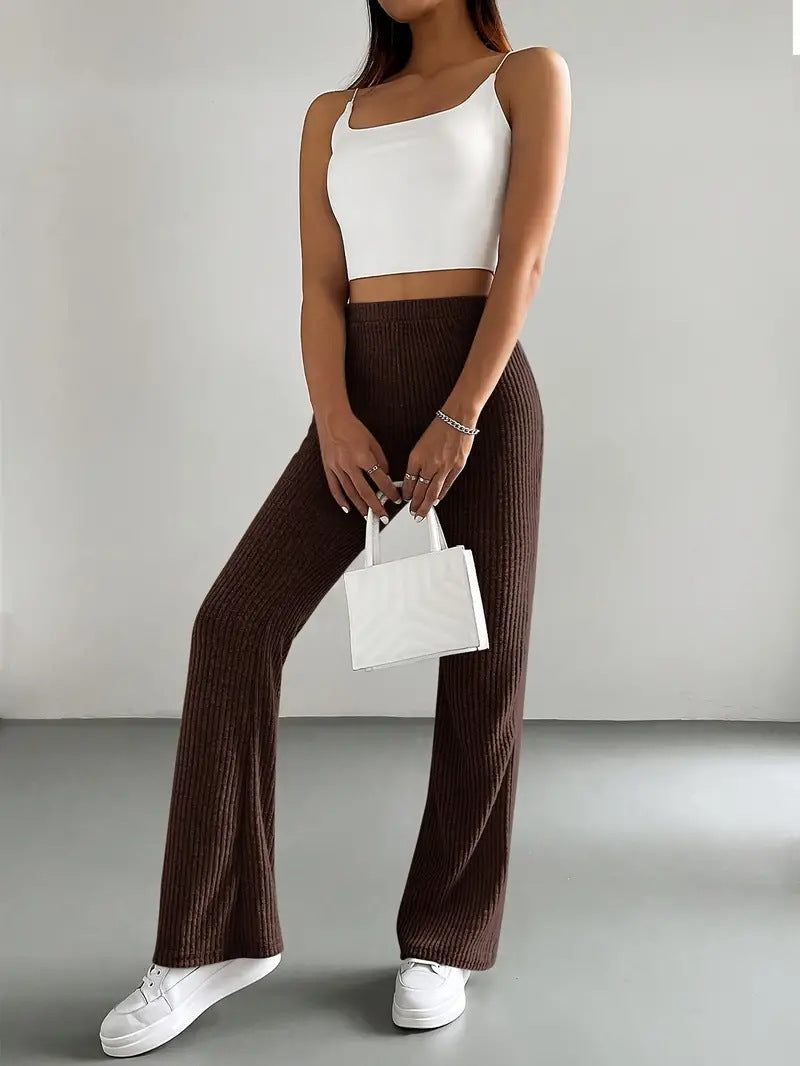 Flared Pants Women's Solid Color Casual Pants Ribbed Knit Fashionable Versatile Slim Fit Trousers