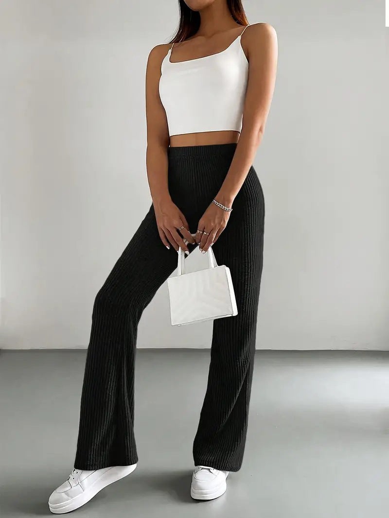 Flared Pants Women's Solid Color Casual Pants Ribbed Knit Fashionable Versatile Slim Fit Trousers