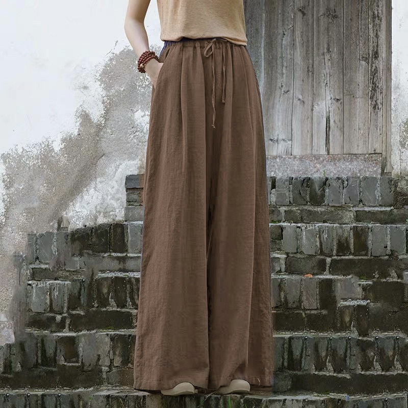 Women's Solid Color Casual Loose Cotton And Linen Wide-leg Trousers